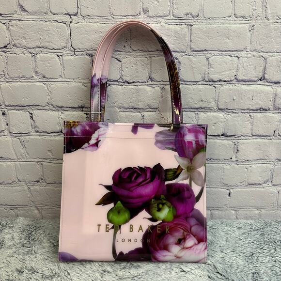 Ted Baker London PVC Tote Bag Pink Purple Floral Top Handles New - Picture 3 of 6